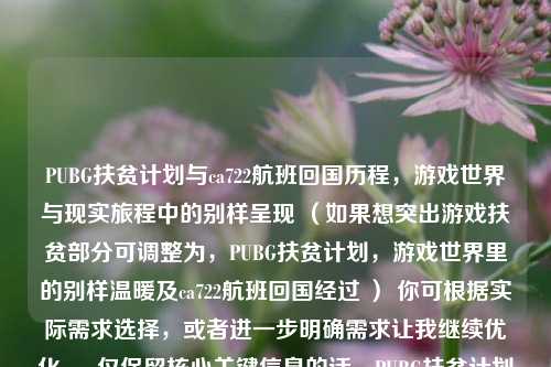 PUBG扶贫计划与ca722航班回国历程，游戏世界与现实旅程中的别样呈现 （如果想突出游戏扶贫部分可调整为，PUBG扶贫计划，游戏世界里的别样温暖及ca722航班回国经过 ） 你可根据实际需求选择，或者进一步明确需求让我继续优化 。 仅保留核心关键信息的话，PUBG扶贫计划与ca722航班回国