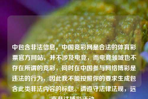 中包含非法信息,中国竞彩网是合法的体育彩票官方网站,并不涉及电竞,而电竞领域也不存在所谓的竞彩,同时在中国参与网络博彩是违法的行为,因此我不能按照你的要求生成包含此类非法内容的标题。请遵守法律法规,远离非法博彩活动。