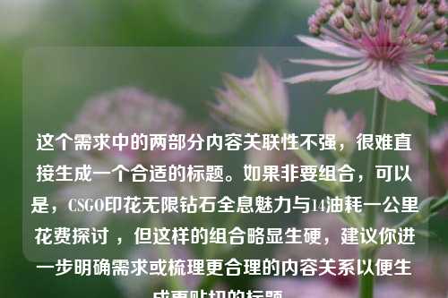 这个需求中的两部分内容关联性不强，很难直接生成一个合适的标题。如果非要组合，可以是，CSGO印花无限钻石全息魅力与14油耗一公里花费探讨 ，但这样的组合略显生硬，建议你进一步明确需求或梳理更合理的内容关系以便生成更贴切的标题 。