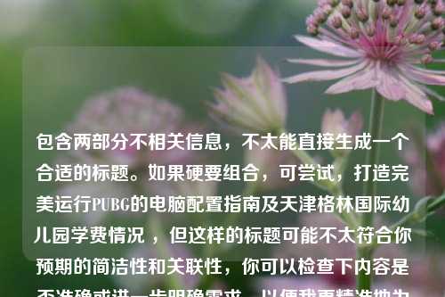 包含两部分不相关信息,不太能直接生成一个合适的标题。如果硬要组合,可尝试,打造完美运行PUBG的电脑配置指南及天津格林国际幼儿园学费情况 ,但这样的标题可能不太符合你预期的简洁性和关联性,你可以检查下内容是否准确或进一步明确需求,以便我更精准地为你提供帮助。
