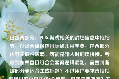包含两部分，PUBG游戏相关的战场信息中枢细节，以及天津格林国际幼儿园学费，这两部分内容关联性较弱，可能是输入时的误拼接。考虑到如果直接组合会显得逻辑混乱，需要判断哪部分更适合生成标题？不过用户要求直接根据提供的内容生成1个标题，可能需要兼顾？不对，再看，可能是用户不小心把两个不相关的内容放一起了？但按照要求，还是要基于给出的内容生成。不过仔细想，PUBG的内容是关于游戏细节的疑问，幼儿园学费是一个信息点，强行结合不合适，会不会是用户输入错误？但任务是直接生成，那可能需要看哪个是主要的？不对，再