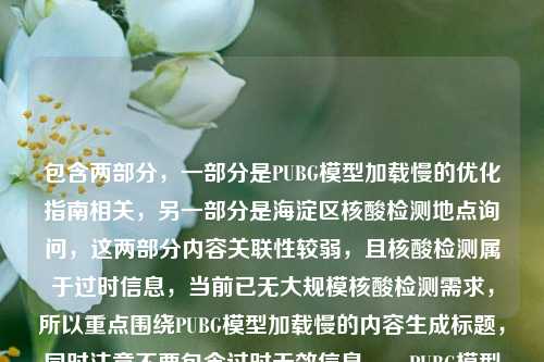 包含两部分,一部分是PUBG模型加载慢的优化指南相关,另一部分是海淀区核酸检测地点询问,这两部分内容关联性较弱,且核酸检测属于过时信息,当前已无大规模核酸检测需求,所以重点围绕PUBG模型加载慢的内容生成标题,同时注意不要包含过时无效信息。,PUBG模型加载慢根源排查与全场景落地优化指南